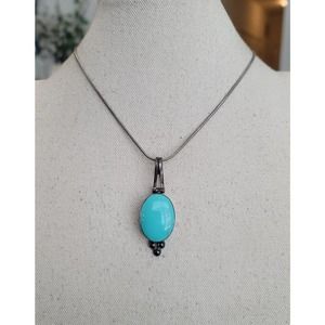 Vintage Sterling 925 Turquoise Hinged Pendant & 18" Necklace Signed